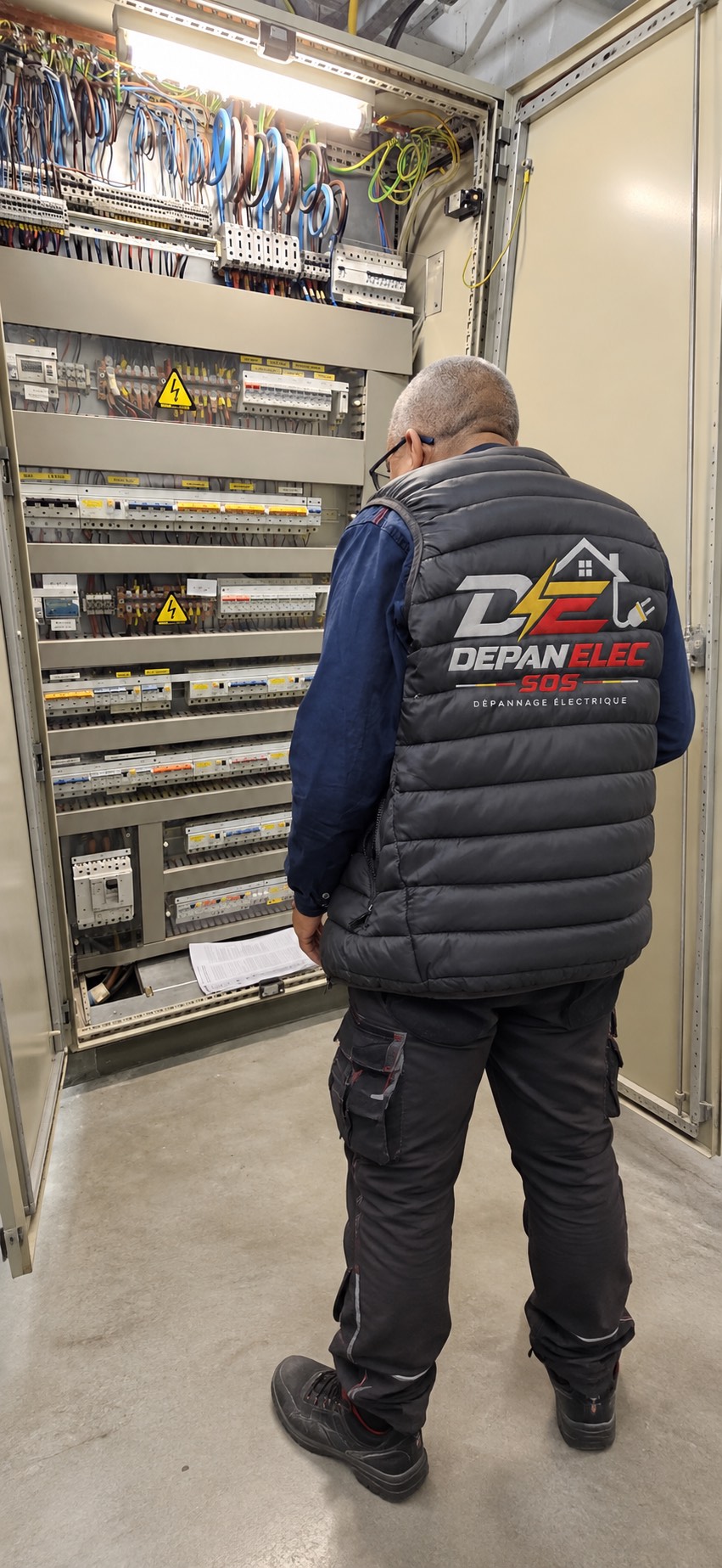 Technicien Depan'Elec SOS devant un tableau électrique